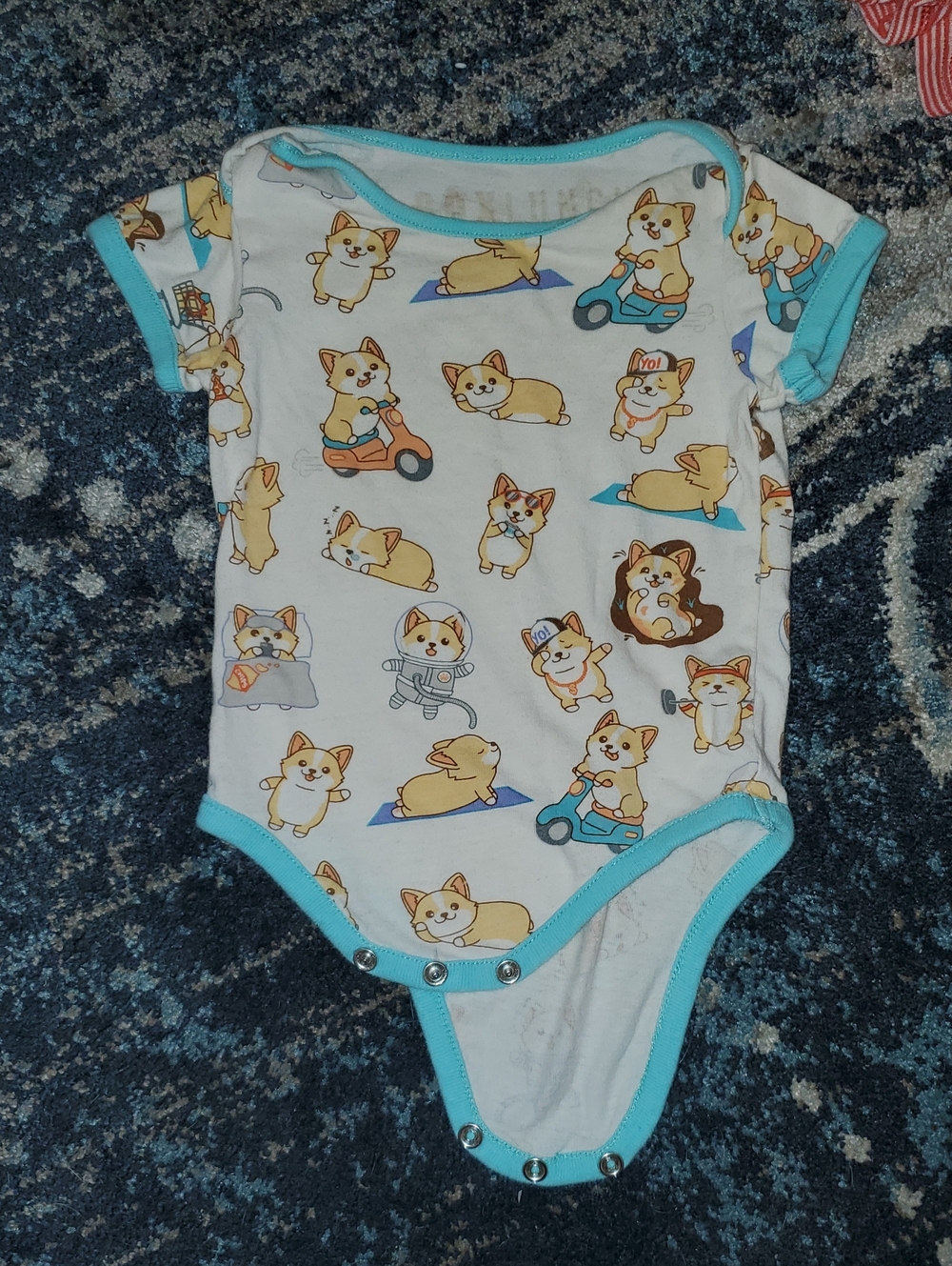 White Baby One-Piece Bodysuit with Corgi Print and Aqua Trim